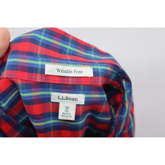 L.L.Bean Mens Wrinkle Free Plaid Long Sleeve Shirt M Red/Blue Check Cottagecore - Picture 2 of 9